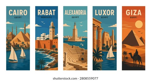 A collection of stylized travel posters showcasing iconic landmarks from Cairo, Rabat, Alexandria, Luxor, and Giza