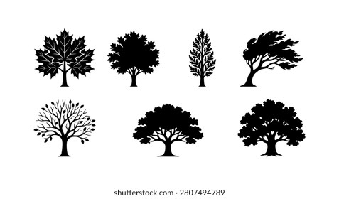 Collection of stylized tree icons in silhouette form. Includes maple, oak, pine, and abstract wind-swept tree designs. Perfect for nature-themed graphics, environmental projects, and decorative elements.