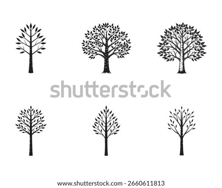 Collection of stylized tree illustrations for creative designs and nature themed graphics with different leaf variations and trunk styles