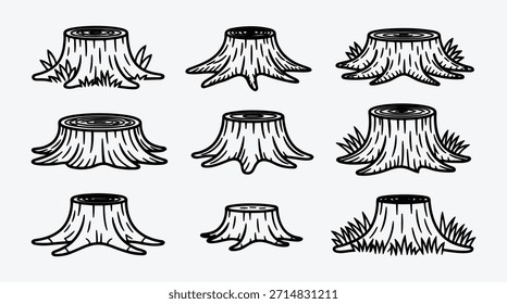 Colección de tocones de árbol estilizados en contorno negro sobre fondo blanco