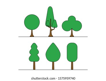 Collection of stylized trees on white background, Green plants, Nature vector illustration.
