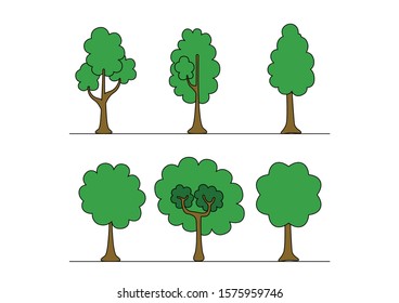 Collection of stylized trees on white background, Green plants, Nature vector illustration.