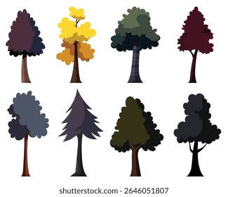 A collection of stylized trees presents a variety of shapes and colors, suggesting a diverse forest landscape suitable for use in artistic or design projects.