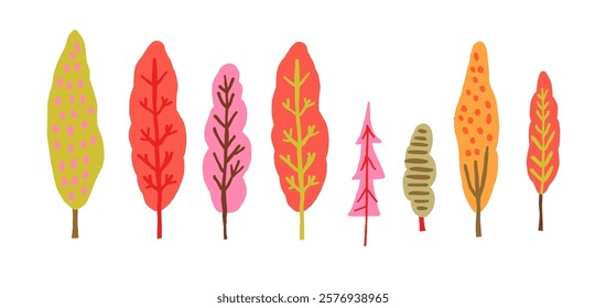 A collection of stylized trees in vibrant autumn colors, creating a horizontal forest scene. Perfect for fall-themed projects, clip art, seasonal designs, and nature-inspired illustration