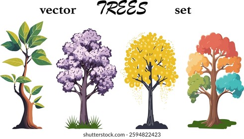 Collection of stylized trees.Vector set of multi-colored stylized trees on transparent background.