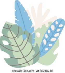 A collection of stylized tropical leaves with bold shapes and patterns. Various leaf designs overlap in a playful composition. Cartoon vector illustration.