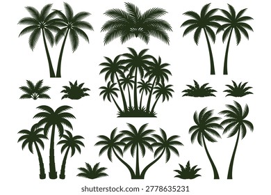 Collection of stylized tropical palm tree vector silhouettes in monochromatic dark green on clean white background ideal for beach vacation branding marketing materials