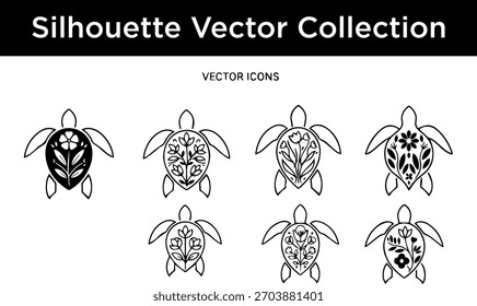 A collection of stylized turtle silhouettes with intricate floral patterns within their shells.