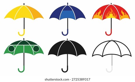 Eine Kollektion stilisierter Regenschirme präsentiert verschiedene Designs. Sie präsentieren lebendige Farben wie Gelb, Blau, Rot, Grün, Schwarz und Weiß. Die Illustrationen sind sauber und im Vektorstil gehalten und eignen sich wahrscheinlich für eine Reihe kommerzieller Anwendungen. Das Design bietet visuelle Darstellung für Ideen rund um Wetter und Schutz.
