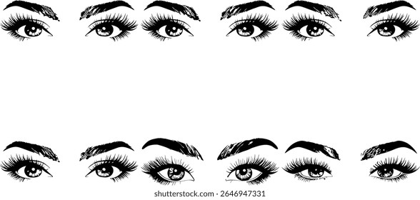 Coleção de ilustrações de olhos vetoriais estilizados mostrando pestanas e sobrancelhas detalhadas, perfeitas para diversos conceitos de design focados em beleza, cosméticos ou expressão artística.