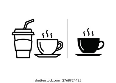 A collection of stylized vector icons featuring a steaming coffee cup on a saucer and a disposable takeaway drink cup with a straw. Perfect for representing cafes, coffee shops, or beverage services in marketing and design.