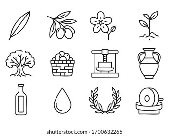 Una colección de iconos vectoriales estilizados que representan aceitunas y aceite de oliva, con ramas de oliva con aceitunas verdes,