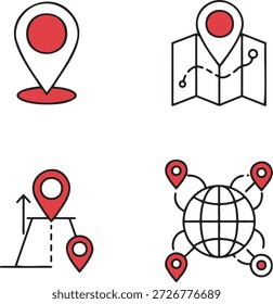 Collection of stylized vector icons representing location navigation and global connectivity featuring map pins folded maps with routes and a world globe with connection points
