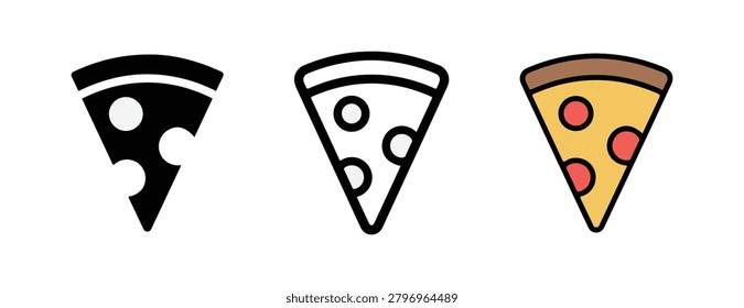 Collection of stylized vector icons representing slices of pizza in different graphic styles including a solid black silhouette a black and white outline and a colorful illustration with toppings perfect for foodrelated designs and menus