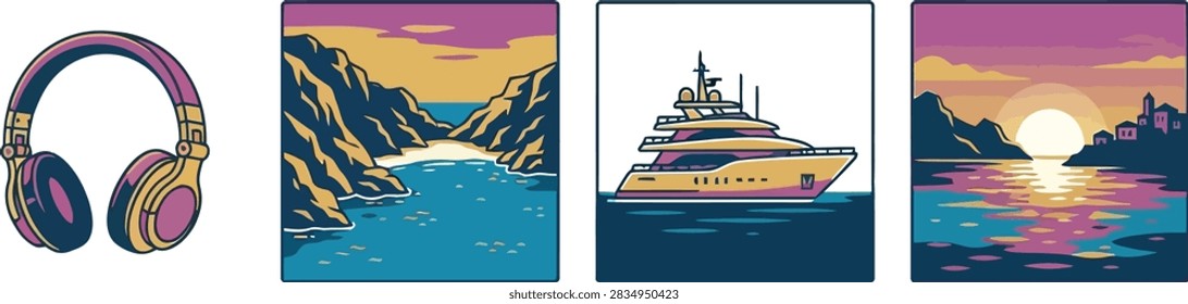 A collection of stylized vector illustrations featuring a pair of headphones, a rocky cove, a luxury yacht, and a coastal sunset landscape.