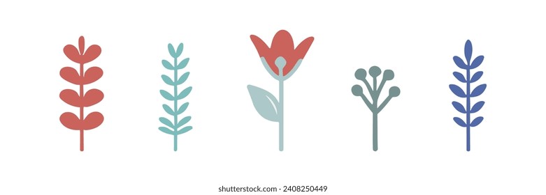 A collection of stylized vector illustrations of plants and flowers in a flat design, ideal for graphic projects, textiles, web design and decorative design.