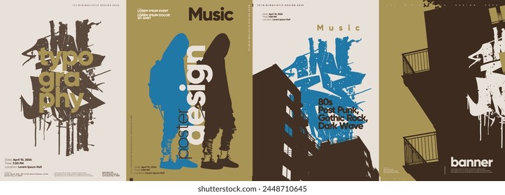 Una colección de pósters de Vector estilizados con estética de grunge y splash art con un enfoque en la música y la tipografía.