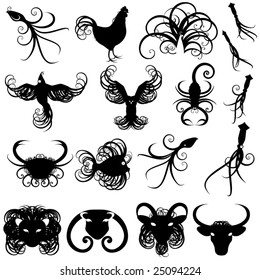 A collection of stylized vector, swirly animal silhouettes