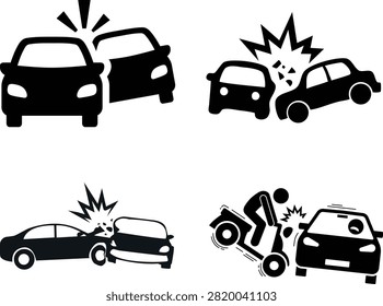 Collection of stylized vehicular impact icons illustrating traffic mishaps and collisions. Useful for insurance or safety campaigns.
