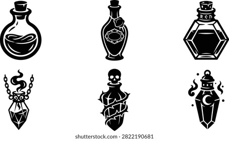 Collection of stylized vials containing potent elixirs rendered with intricate details and occult motifs for fantasy game assets or branding.