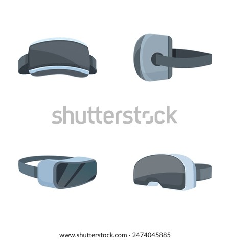 Collection of stylized vr glasses for immersive experience, various angles on a clean background