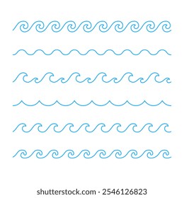 Una colección de patrones de onda estilizados en azul sobre un fondo blanco. El diseño presenta varias Formas ondulatorias, que muestran fluidez y movimiento, ideales para fondos o Elementos decorativos.