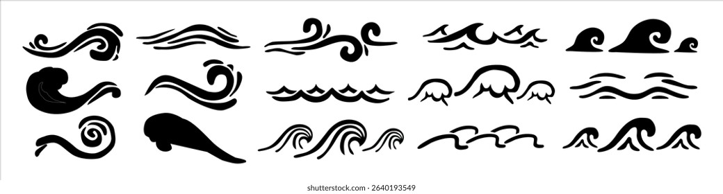 Collection of stylized wave and water swirl icons. Vector black silhouettes in abstract ocean shapes for design, decoration, marine themes, and graphic elements in flat style.