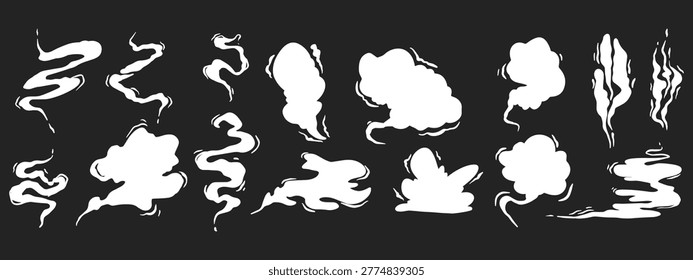A collection of stylized white smoke and steam elements on a dark background, depicting various forms of rising vapor, fog, and cloud shapes in a hand-drawn cartoon style, suitable for graphic design.