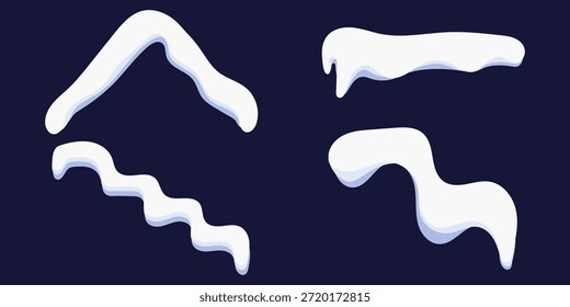 Una colección de gorros de nieve blancos estilizados y Elementos ondulados, perfectos para diseños de vacaciones de invierno, bordes o superposiciones decorativas sobre un fondo azul oscuro.