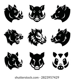 Collection of stylized wild boar head icons in black and white vector format, showcasing different expressions and angles.