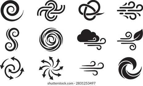 Collection of stylized wind icons and abstract natural forces for meteorological concepts. Useful for weather apps and climate graphics.