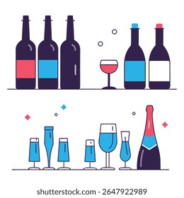 Coleção de garrafas de vinho estilizado e champanhe com várias taças