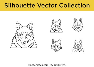 Collection of stylized wolf head silhouettes in vector format, perfect for logos or designs.