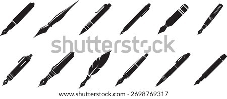 Collection of stylized writing instruments including fountain pens, ballpoint pens, and a quill