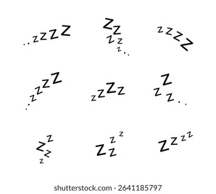 A collection of stylized Z letters representing sleep or snoring, arranged in various orientations and sizes against a white background.