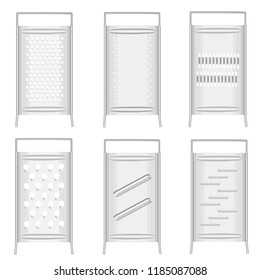 Collection. The subject of kitchen utensils. Grater is needed for cooking in the kitchen for processing vegetables and fruits. Set of vector illustrations.