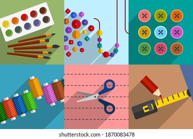 Collection of subjects and tools for do-it-yourself projects, creative hobbies, handmade works and leisure activities, home pastime, workshop accessories. DIY concept, cartoon flat style