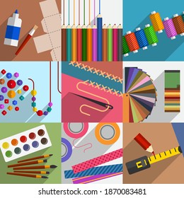 Collection of subjects and tools for do-it-yourself projects, creative hobbies, handmade works and leisure activities, home pastime, workshop accessories. DIY concept, cartoon flat style
