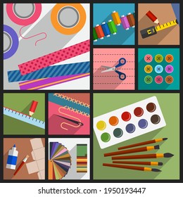 Collection of subjects and tools for do-it-yourself projects, creative hobbies, handmade works and leisure activities, home pastime, workshop accessories. DIY concept, cartoon flat style