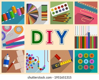 Collection of subjects and tools for do-it-yourself projects, creative hobbies, handmade works and leisure activities, home pastime, workshop accessories. DIY concept, cartoon flat style