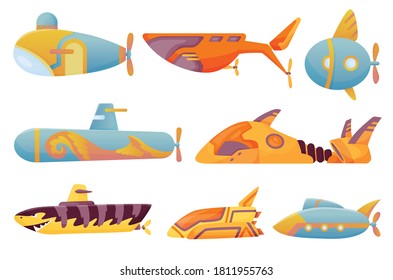 Collection submarines undersea. Cute cartoon yellow submarines. Bathyscaphe underwater ships. Diving exploring at the bottom of sea. Child game illustrations