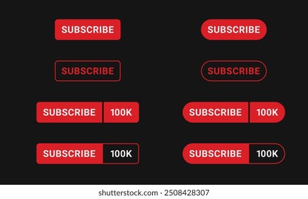Collection of subscribe buttons. 4 of them with follower count information - 2 corner styles included. Vector elements.