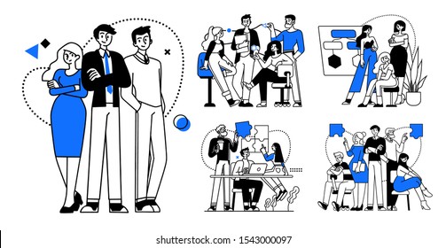 Collection of succesfull team illustrations . Bundle of men and women taking part in business meeting, negotiation, brainstorming, talking to each other. Teamwork concept outline vector illustrations.