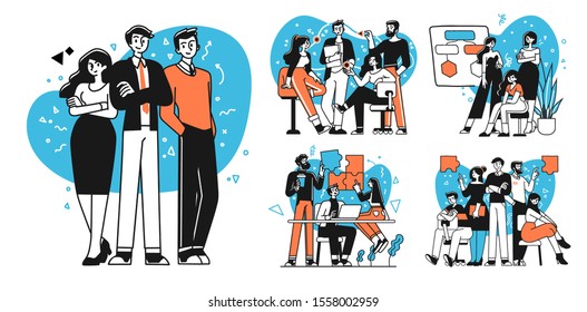 Collection of succesfull team illustrations . Bundle of men and women taking part in business meeting, negotiation, brainstorming, talking to each other. Teamwork concept outline vector illustrations.