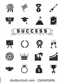 Colección de íconos de concepto de éxito ilustración vectorial como premios, champán, gráficos ascendentes y puzzles resueltos. Símbolos vectoriales negros.