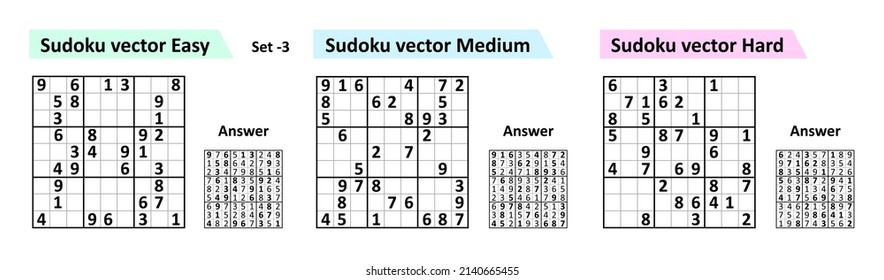 Colección Sudoku juego con respuestas. Diferente complejidad. Diseño vectorial simple conjunto Sudoku.