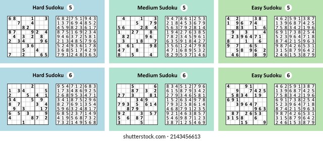 Colección Sudoku juego con respuestas. Diferente complejidad. Diseño vectorial simple conjunto Sudoku.