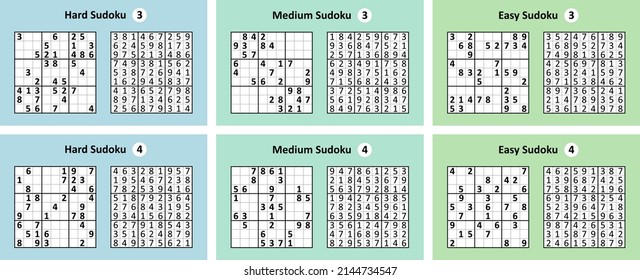 Collection Sudoku game with answers. Different complexity. Simple vector design set Sudoku.