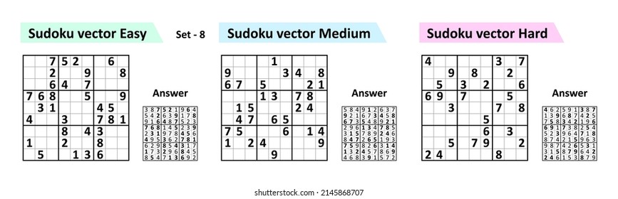 Collection Sudoku game with answers. Different complexity. Simple vector design set Sudoku.