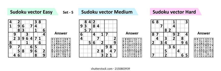 Collection Sudoku game with answers. Different complexity. Simple vector design set Sudoku.